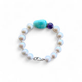 Freshwater Pearl Bracelet with Amazonite & Amethyst – 19cm, Sterling Silver Accents