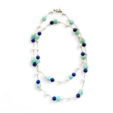 Amazonite, Lapis, and Pearl Tin Cup Necklace – 90cm on Tan Silk with Sterling Silver Fittings