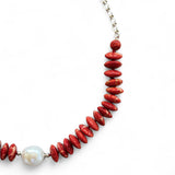 Red Coral and Pearl Necklace – 50cm Sterling Silver Belcher Chain
