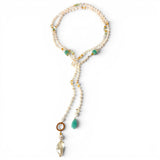 White Pearl Lariat with Amazonite & Citrine