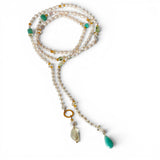 White Pearl Lariat with Amazonite & Citrine